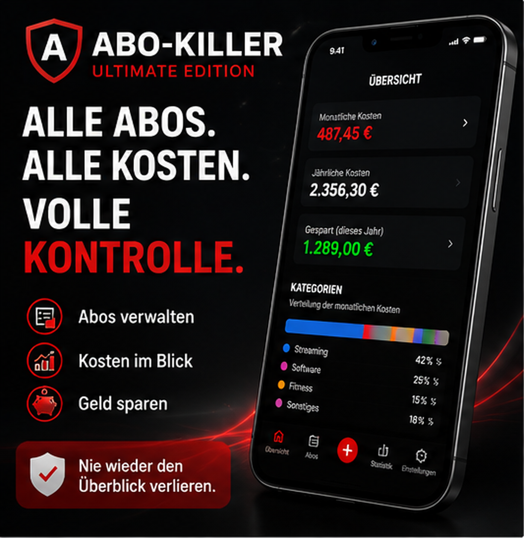 Abo-Killer ULTIMATE | Finanz-Dashboard & Kündigungs-Generator | Abofalle kündigen | Spar-Tracker Vorlage | Haushaltsbuch | Geld sparen Tool