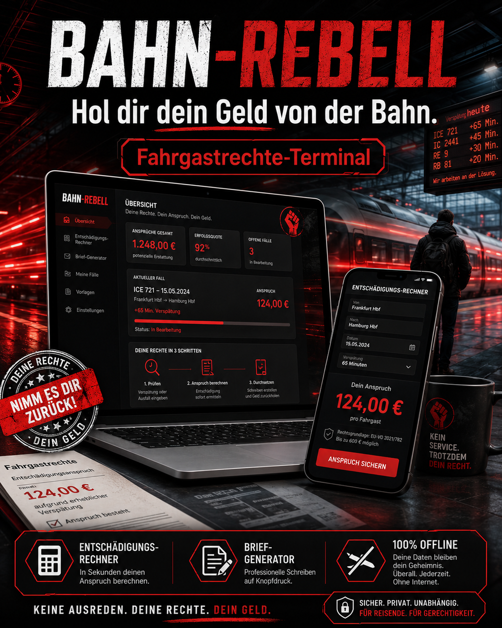 Bahn Rebell | Fahrgastrechte Entschädigung EU 2021 Rechner | Deutsche Bahn Verspätung Mahnung | Taxi Hotel Erstattung Musterbrief