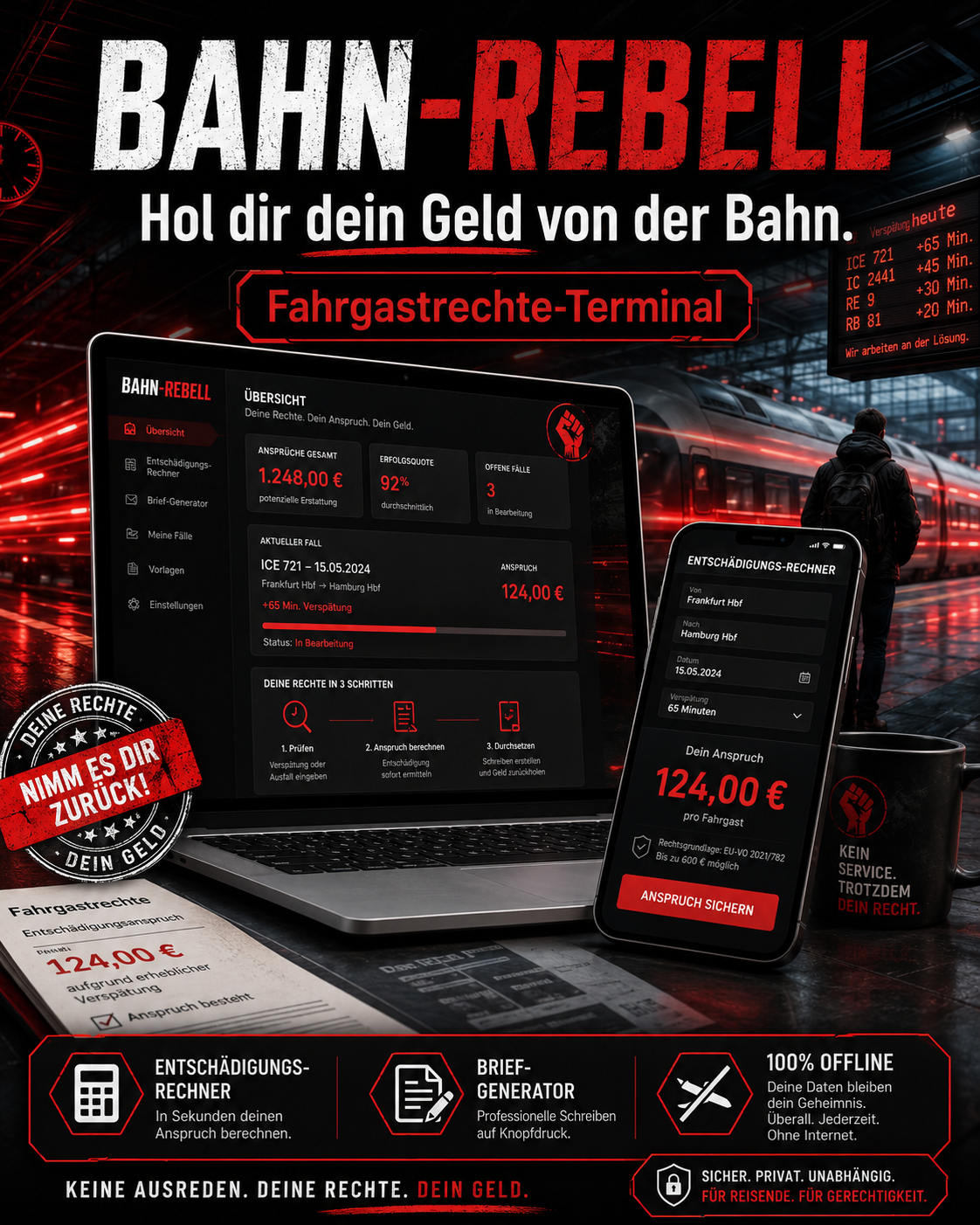 Bahn Rebell | Fahrgastrechte Entschädigung EU 2021 Rechner | Deutsche Bahn Verspätung Mahnung | Taxi Hotel Erstattung Musterbrief