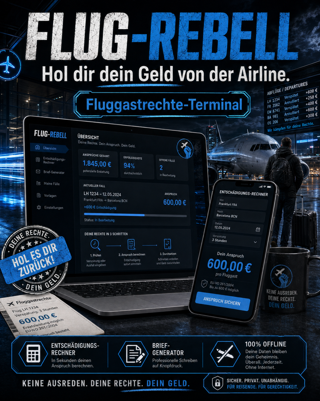 Flug Rebell | Fluggastrechte Entschädigung EU 261 Rechner | Mahnung Musterbrief Airline | Flugverspätung Koffer weg | Offline Tool