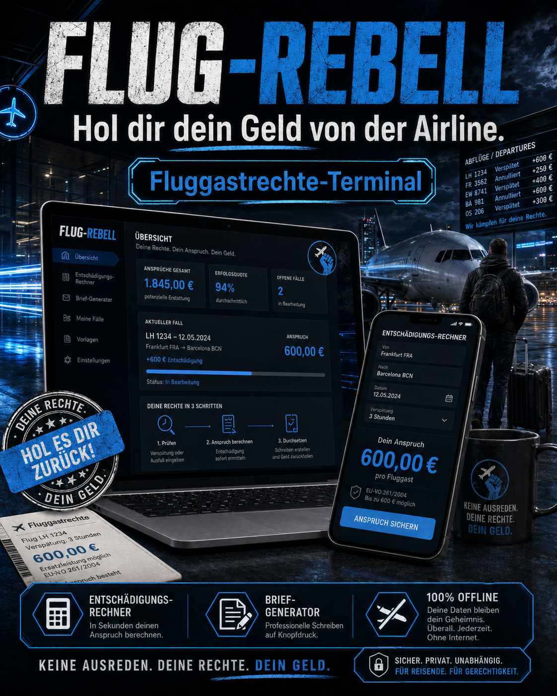 Flug Rebell | Fluggastrechte Entschädigung EU 261 Rechner | Mahnung Musterbrief Airline | Flugverspätung Koffer weg | Offline Tool