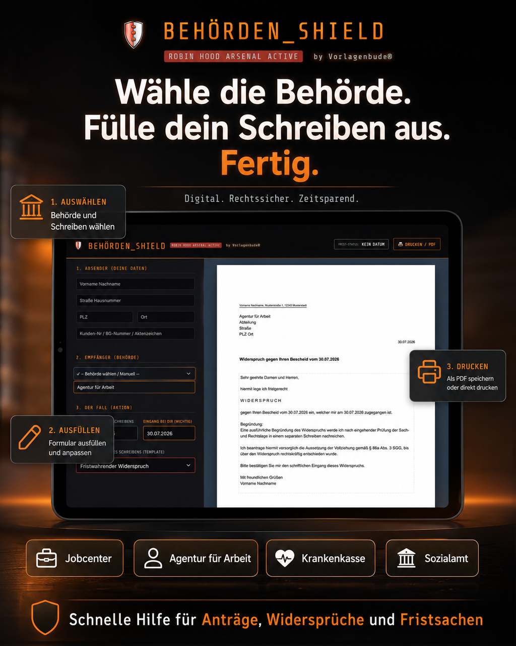 Behörden Shield 30 rechtssichere Vorlagen & Widersprüche für Jobcenter, Finanzamt, Krankenkasse Formular Generator | 100% Offline Tool