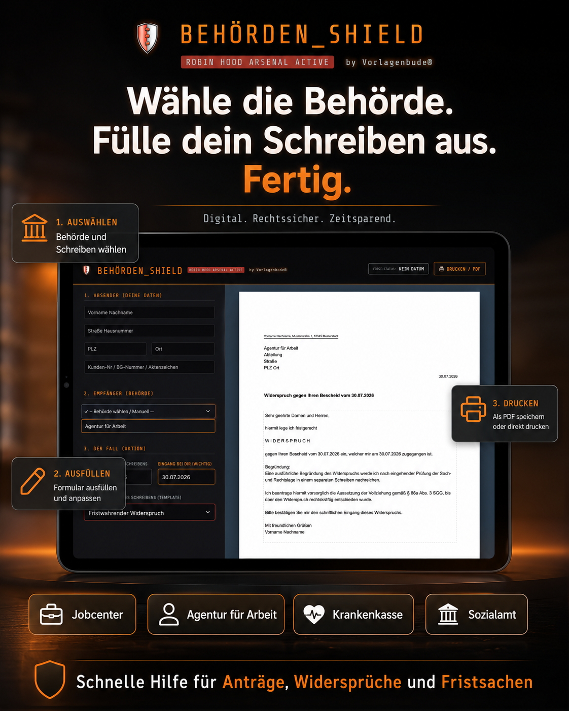 Behörden Shield 30 rechtssichere Vorlagen & Widersprüche für Jobcenter, Finanzamt, Krankenkasse Formular Generator | 100% Offline Tool