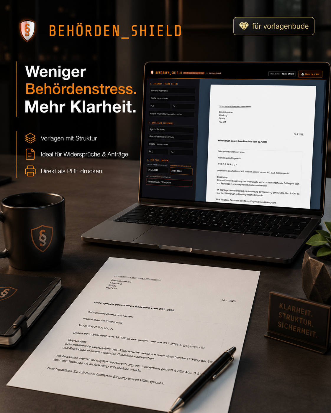 Behörden Shield 30 rechtssichere Vorlagen & Widersprüche für Jobcenter, Finanzamt, Krankenkasse Formular Generator | 100% Offline Tool