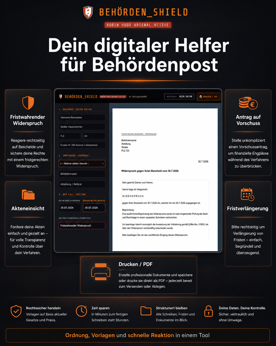 Behörden Shield 30 rechtssichere Vorlagen & Widersprüche für Jobcenter, Finanzamt, Krankenkasse Formular Generator | 100% Offline Tool