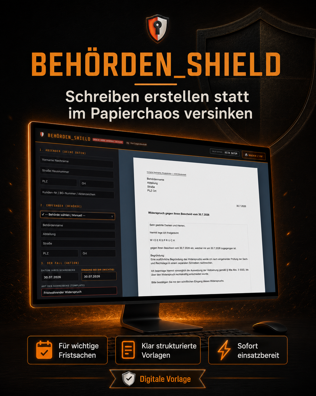 Behörden Shield 30 rechtssichere Vorlagen & Widersprüche für Jobcenter, Finanzamt, Krankenkasse Formular Generator | 100% Offline Tool