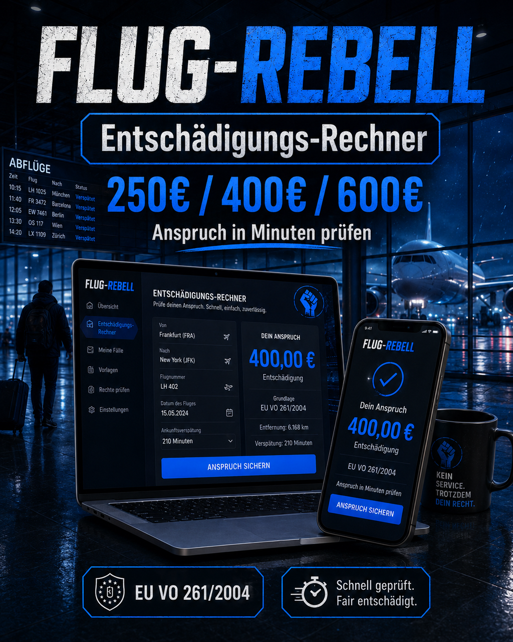 Flug Rebell | Fluggastrechte Entschädigung EU 261 Rechner | Mahnung Musterbrief Airline | Flugverspätung Koffer weg | Offline Tool