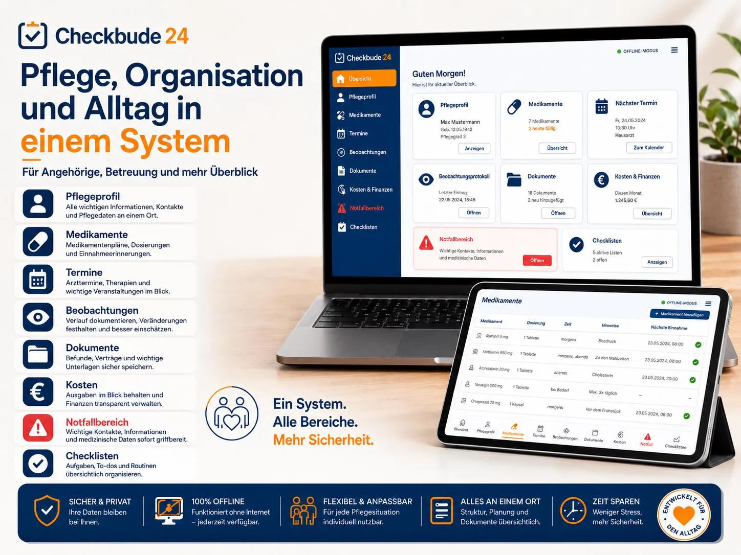 Caregiver Command Center Pro+ - Offline Pflege Organizer | Medikamentenplan, Termine, Dokumente, Notfall, Pflegeplan & Charts