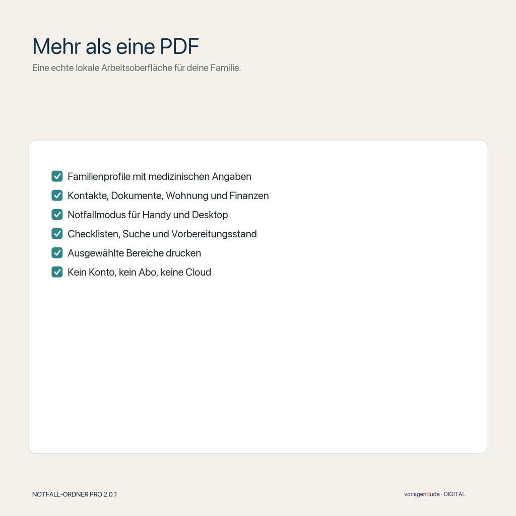 Familien Notfallordner App Offline | Verschlüsselte HTML Vorlage | Notfallkontakte Dokumente Vorsorge PDF Druck