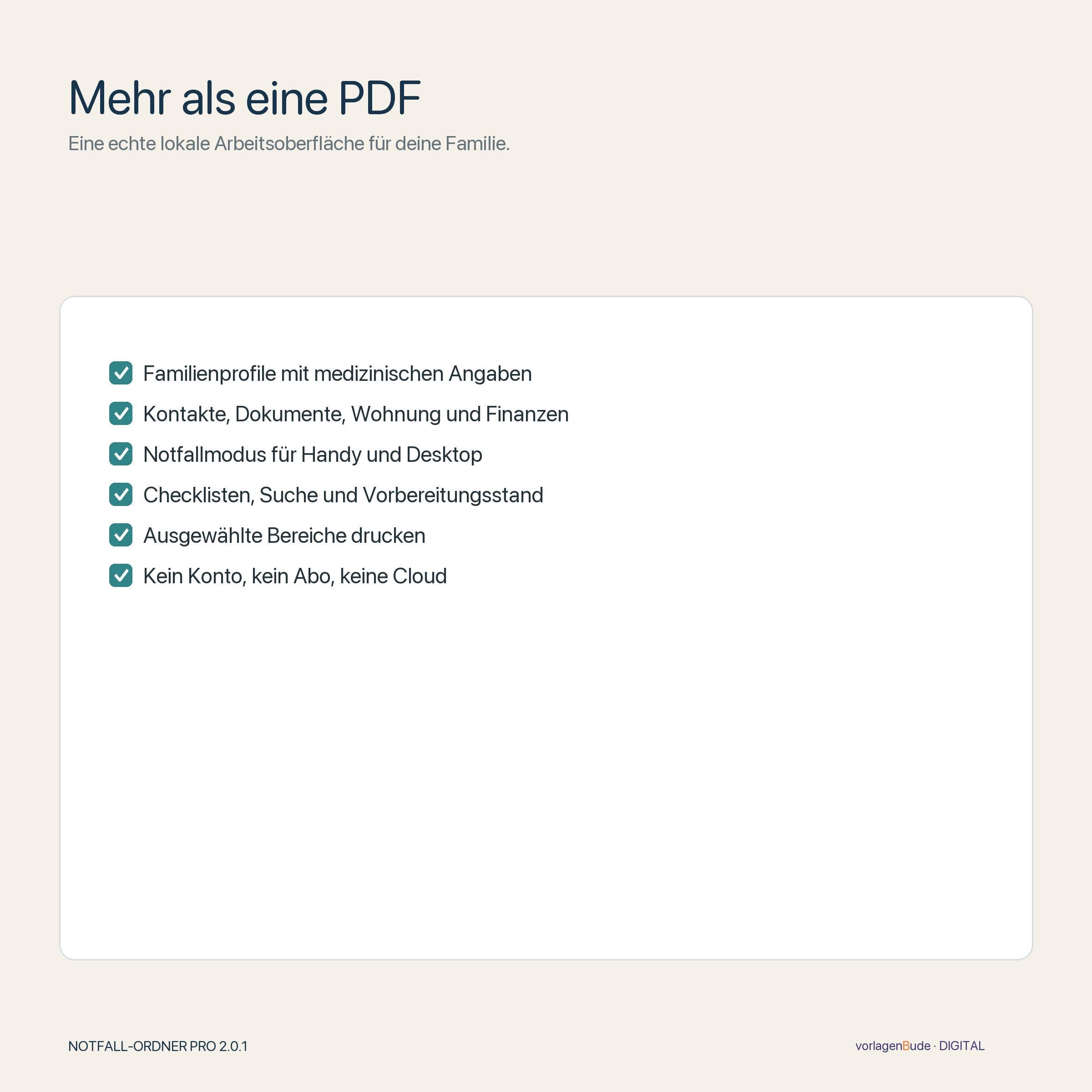 Familien Notfallordner App Offline | Verschlüsselte HTML Vorlage | Notfallkontakte Dokumente Vorsorge PDF Druck