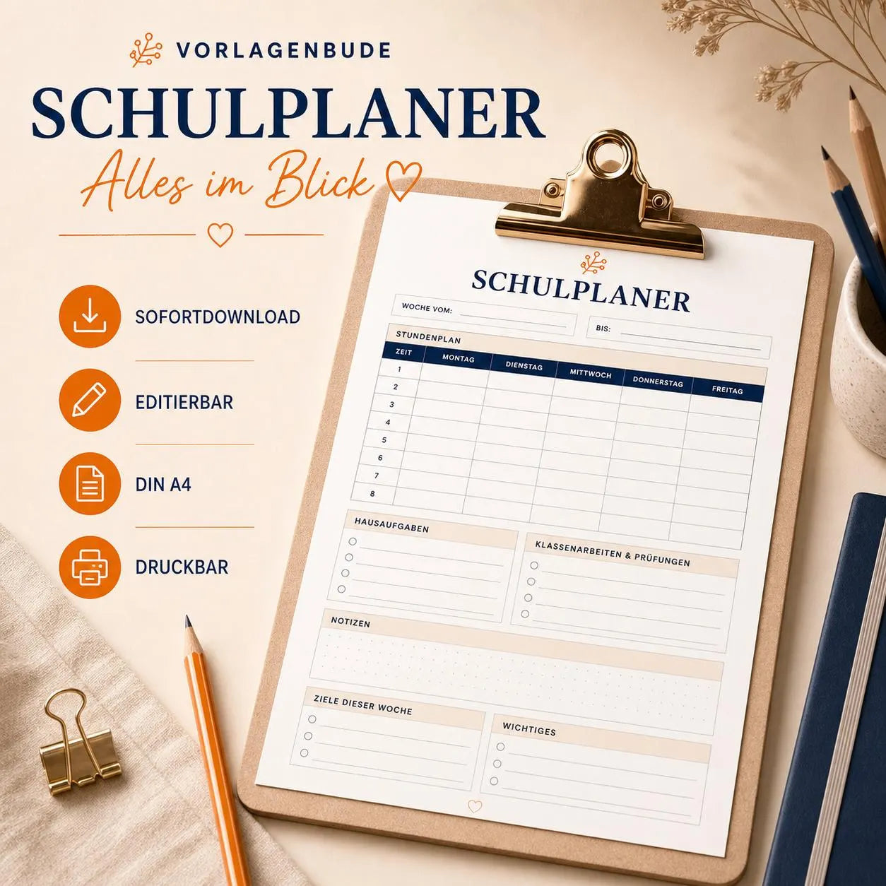 Schulstart-Organizer 2026/27 für Eltern – 48 Seiten editierbar PDF zum Ausdrucken