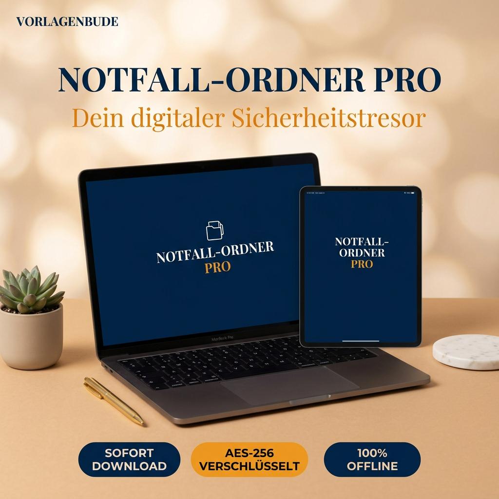 Familien Notfallordner App Offline | Verschlüsselte HTML Vorlage | Notfallkontakte Dokumente Vorsorge PDF Druck