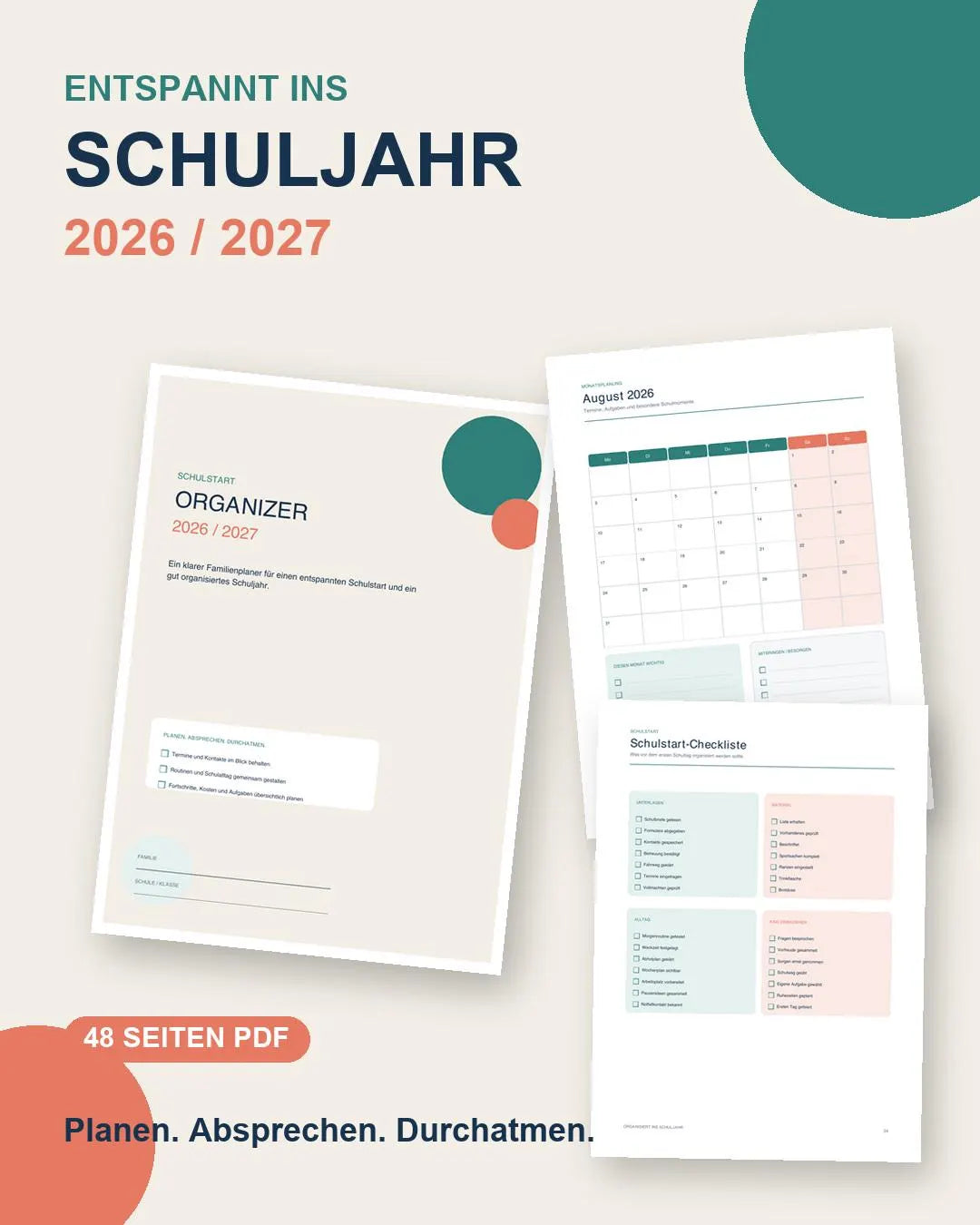 Schulstart-Organizer 2026/27 für Eltern – 48 Seiten editierbar PDF zum Ausdrucken