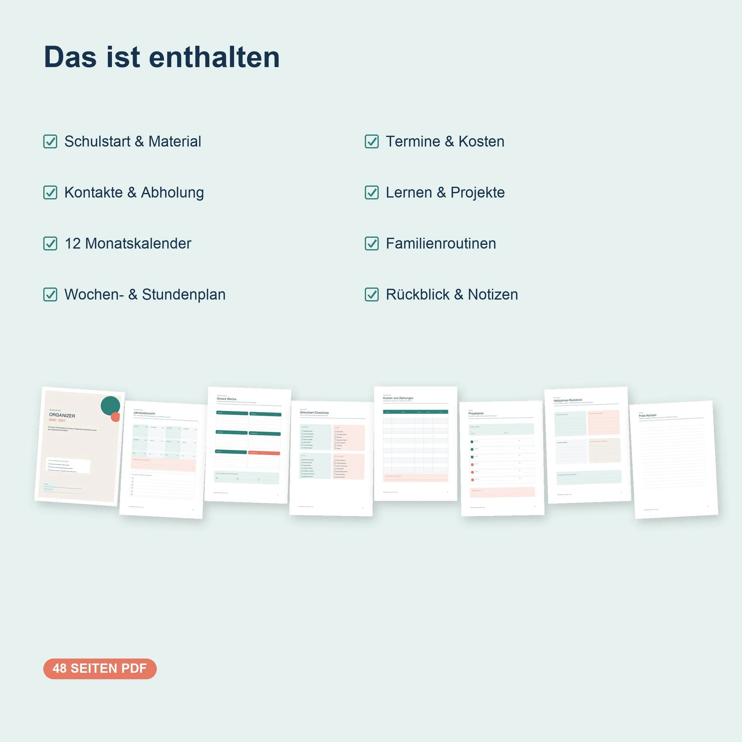 Schulstart-Organizer 2026/27 für Eltern – 48 Seiten editierbar PDF zum Ausdrucken