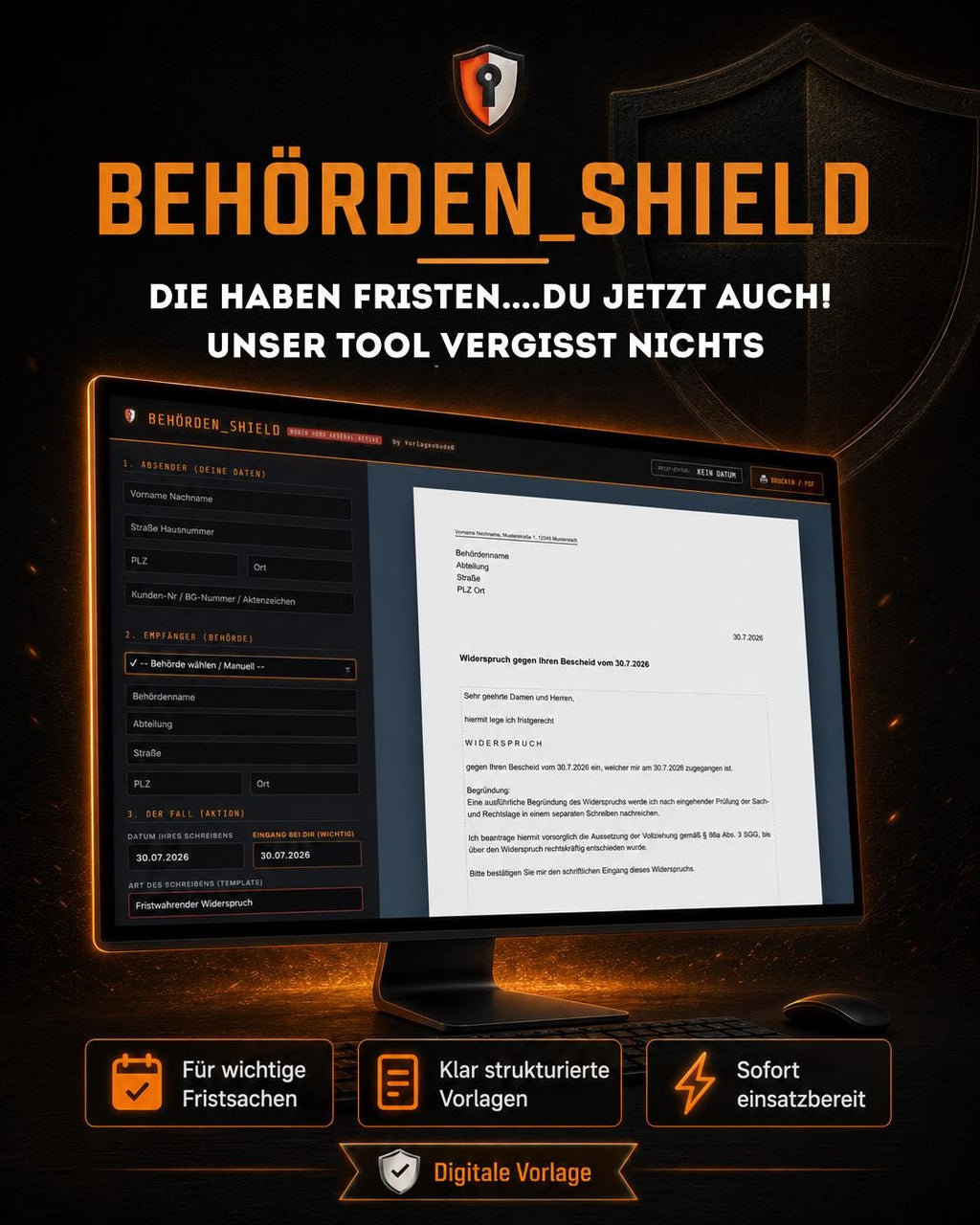 Behörden Shield 30 rechtssichere Vorlagen & Widersprüche für Jobcenter, Finanzamt, Krankenkasse Formular Generator | 100% Offline Tool