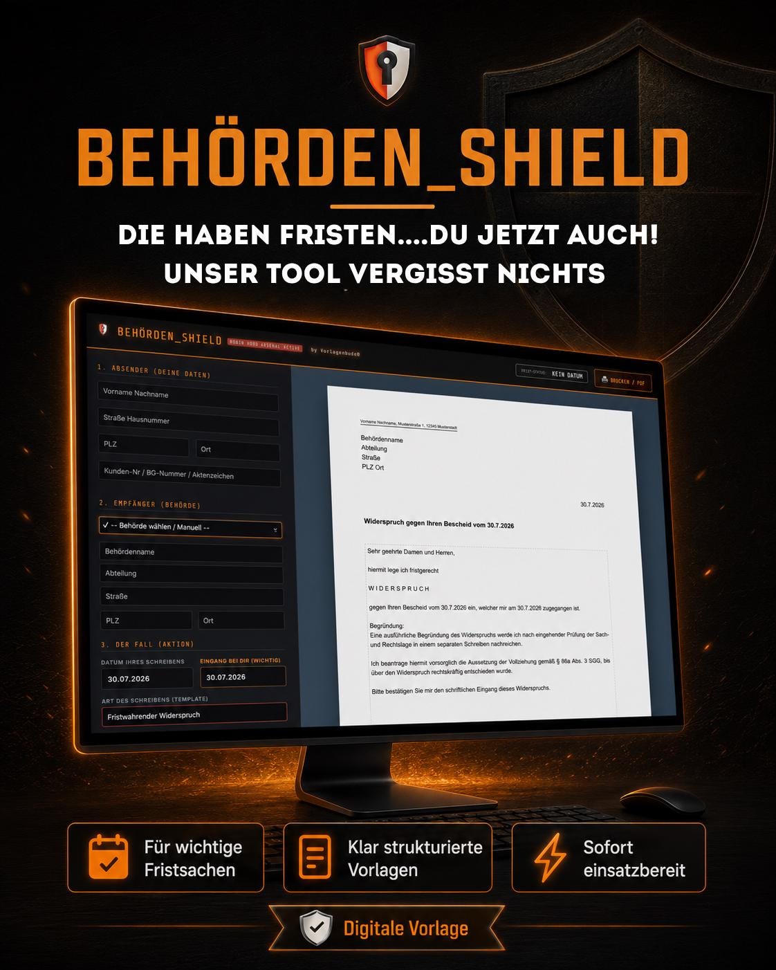 Behörden Shield 30 rechtssichere Vorlagen & Widersprüche für Jobcenter, Finanzamt, Krankenkasse Formular Generator | 100% Offline Tool