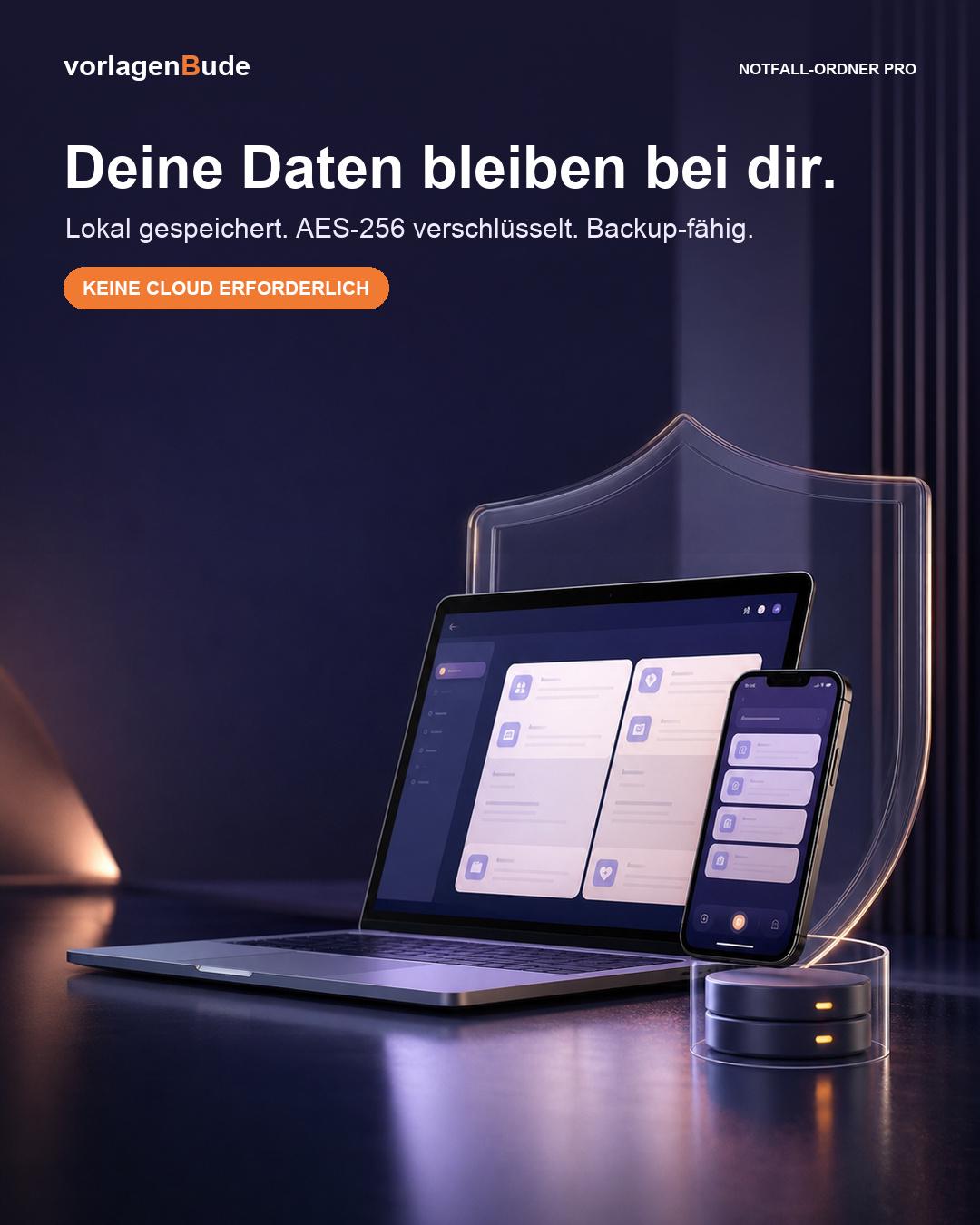 Familien Notfallordner App Offline | Verschlüsselte HTML Vorlage | Notfallkontakte Dokumente Vorsorge PDF Druck